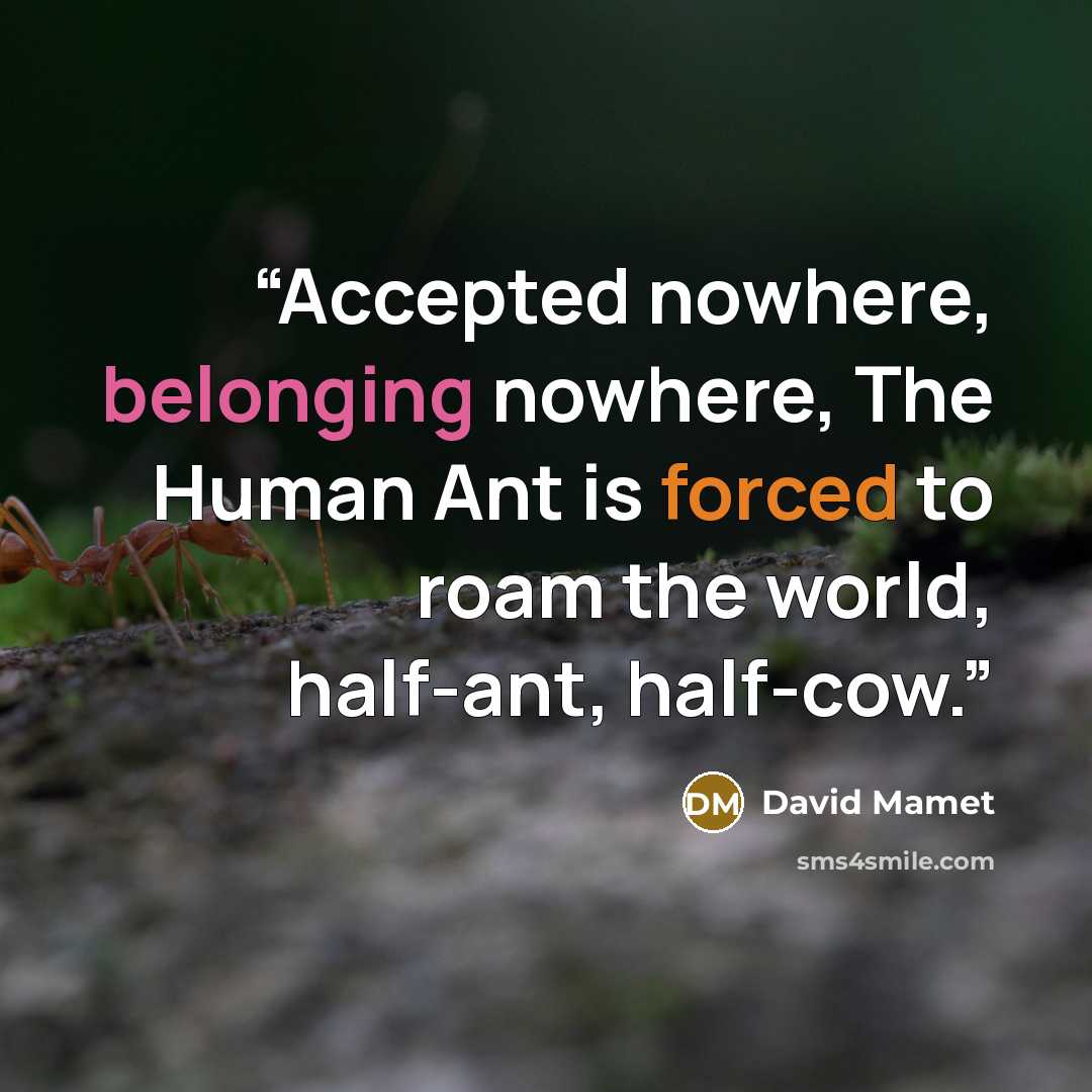 “Accepted nowhere, belonging nowhere, The Human Ant is forced to roam the world, half-ant, half-cow.” quote by David Mamet