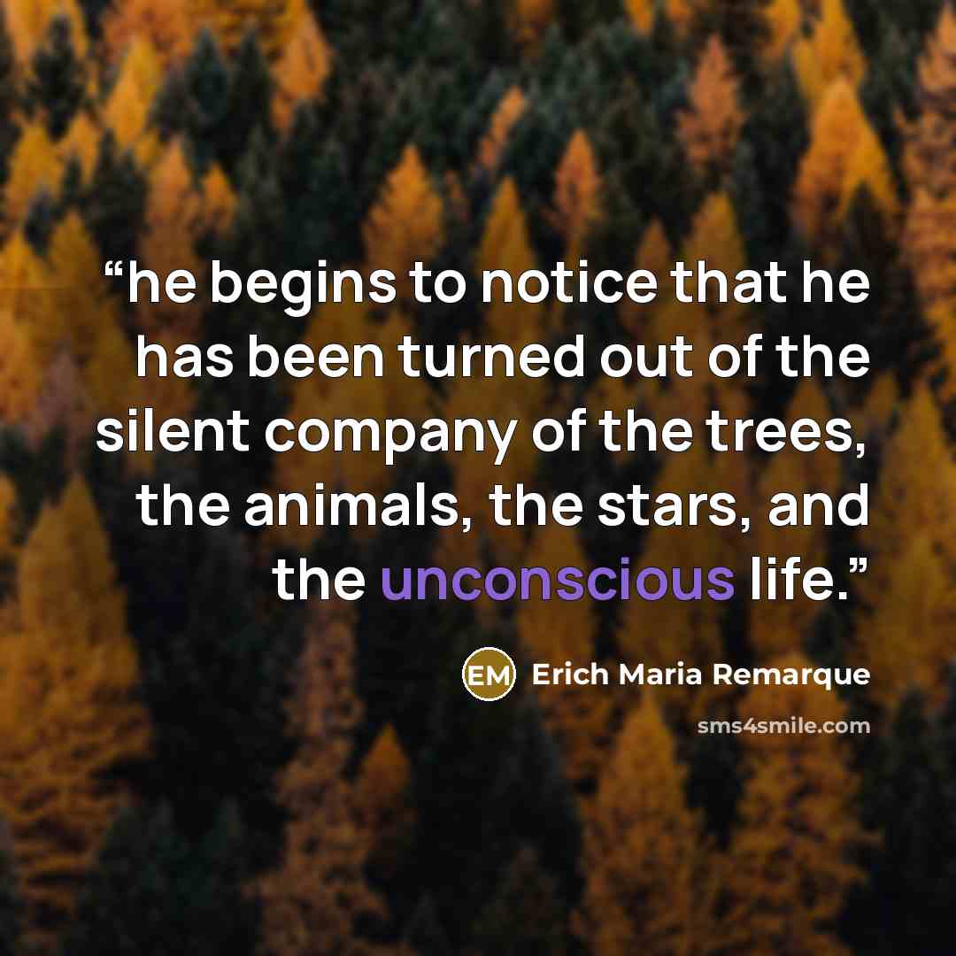 “he begins to notice that he has been turned out of the silent company of the trees, the animals, the stars, and the unconscious life.” quote by Erich Maria Remarque