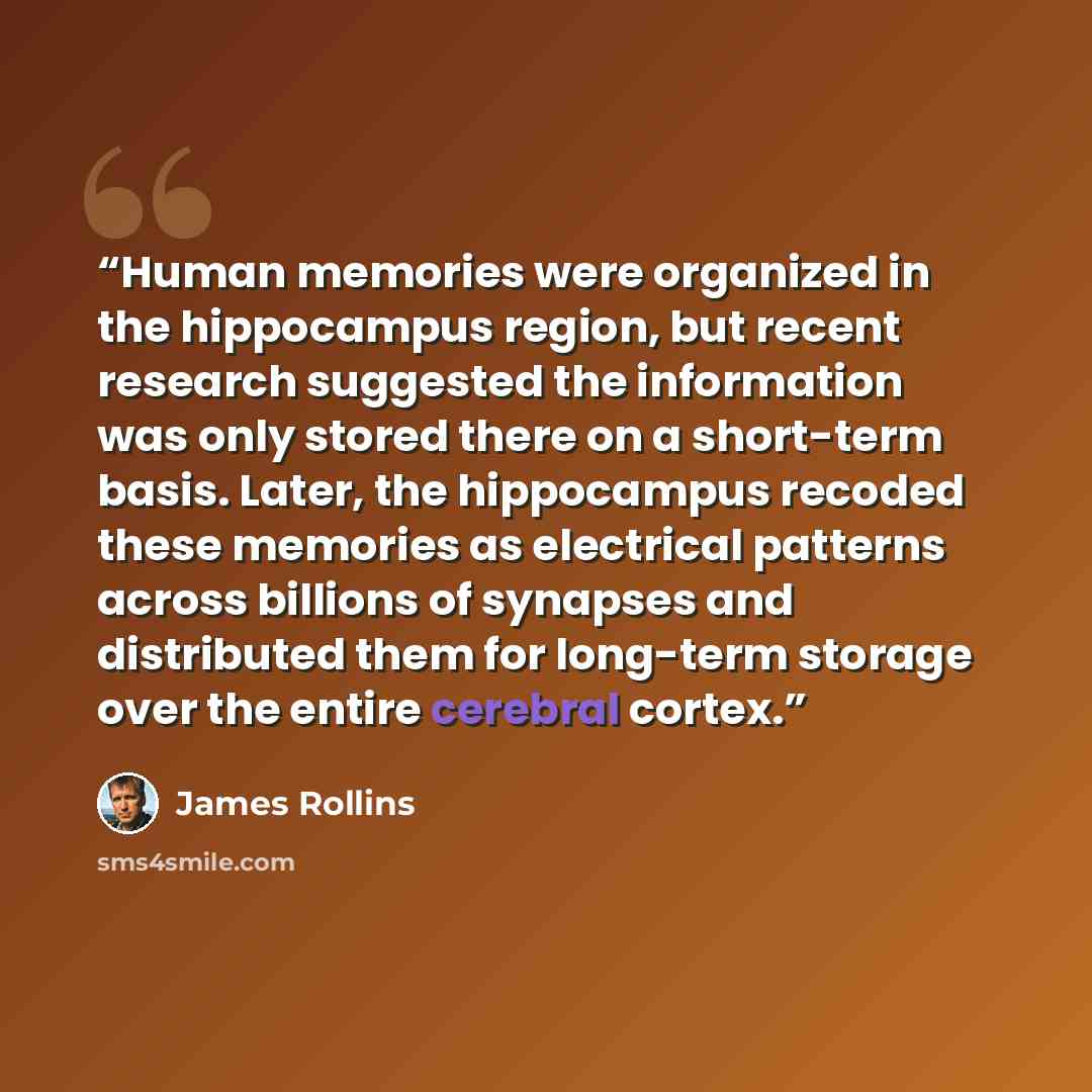 “Human memories were organized in the hippocampus region, but recent research suggested the information was only stored there on a short-term basis. Later, the hippocampus recoded these memories as electrical patterns across billions of synapses and distributed them for long-term storage over the…” quote by James Rollins
