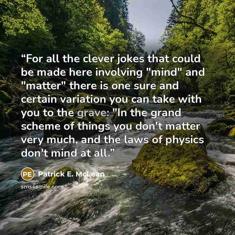 “For all the clever jokes that could be made here involving "mind" and "matter" there is one sure and certain variation you can take with you to the grave: "In the grand scheme of things you don't matter very much, and the laws of physics don't mind at all.” quote by Patrick E. McLean