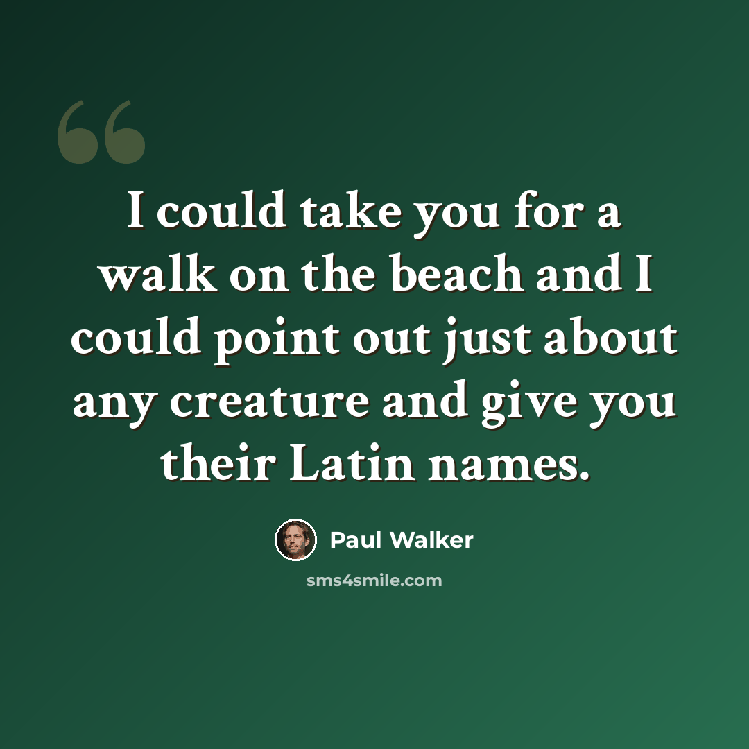 “I could take you for a walk on the beach and I could point out just about any creature and give you their Latin names.” quote by Paul Walker
