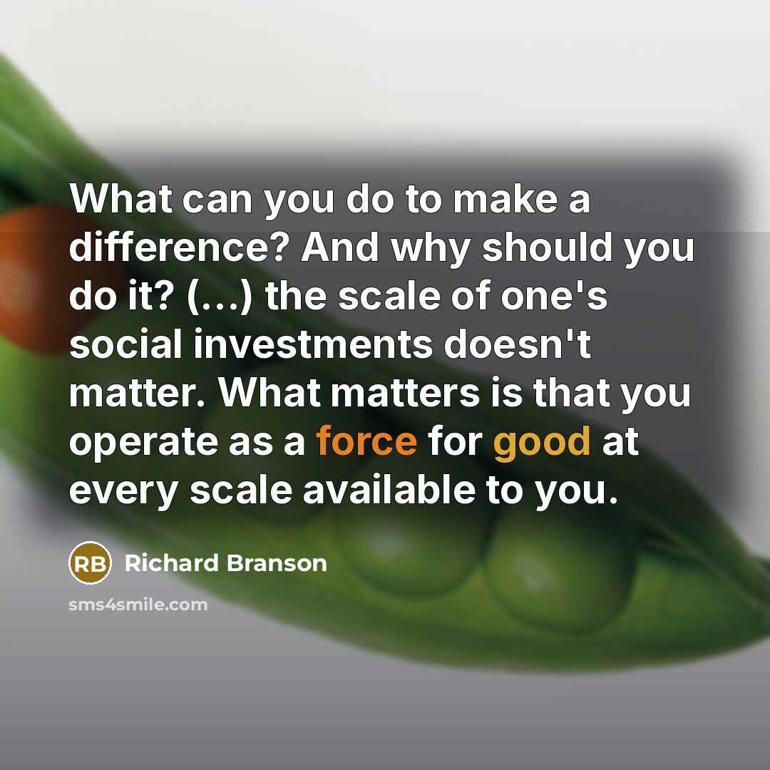 “What can you do to make a difference? And why should you do it? (...) the scale of one's social investments doesn't matter. What matters is that you operate as a force for good at every scale available to you.” quote by Richard Branson