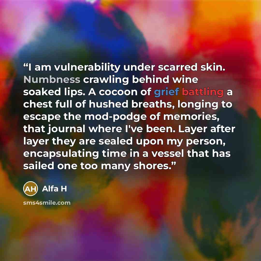 “I am vulnerability under scarred skin. Numbness crawling behind wine soaked lips. A cocoon of grief battling a chest full of hushed breaths, longing to escape the mod-podge of memories, that journal where I've been. Layer after layer they are sealed upon my person, encapsulating time in a vessel…” quote by Alfa H