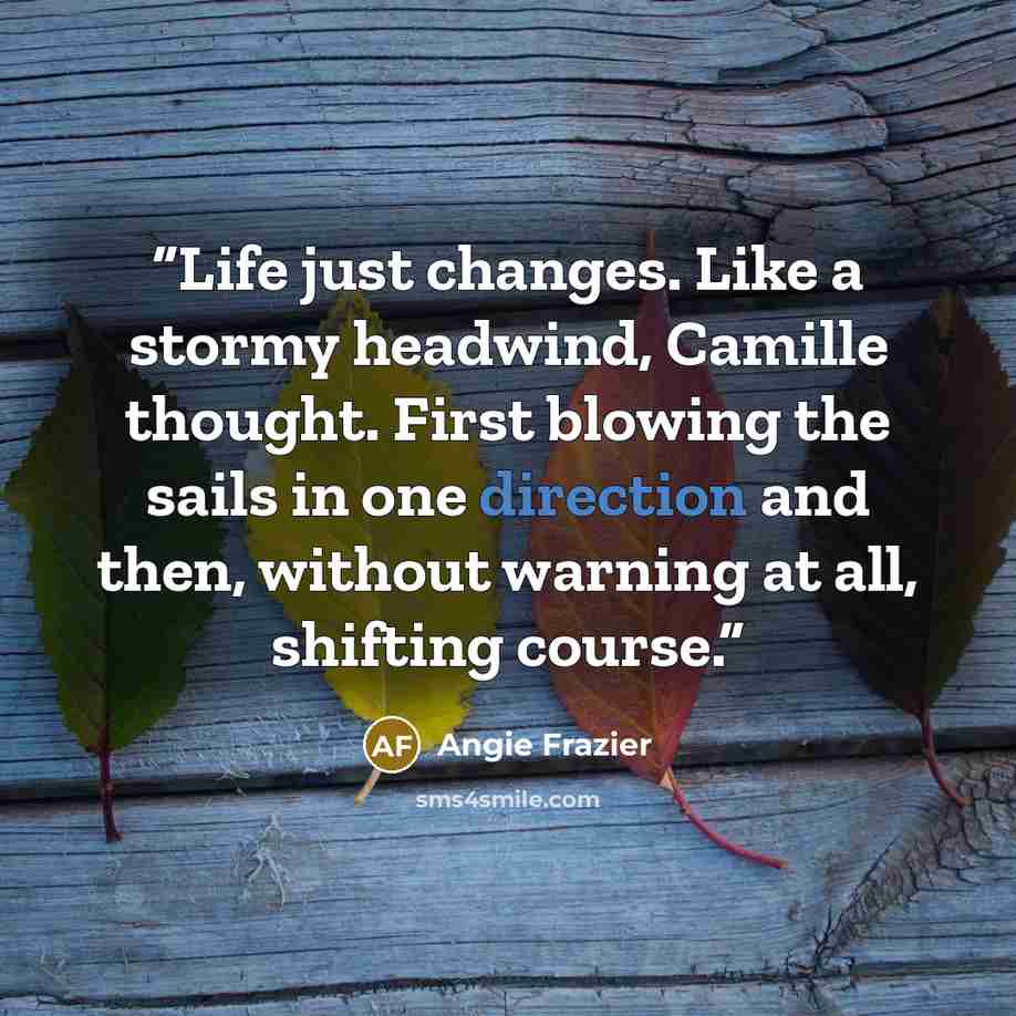 “Life just changes. Like a stormy headwind, Camille thought. First blowing the sails in one direction and then, without warning at all, shifting course.” quote by Angie Frazier