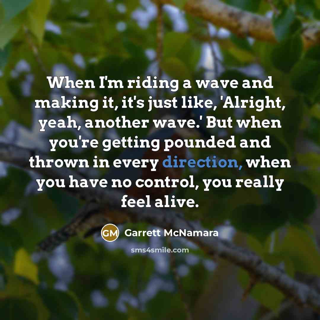 “When I'm riding a wave and making it, it's just like, 'Alright, yeah, another wave.' But when you're getting pounded and thrown in every direction, when you have no control, you really feel alive.” quote by Garrett McNamara
