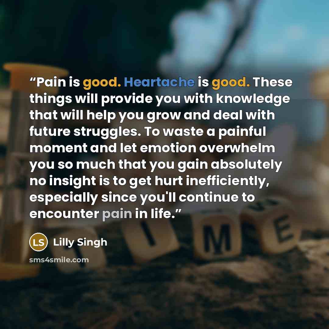 “Pain is good. Heartache is good. These things will provide you with knowledge that will help you grow and deal with future struggles. To waste a painful moment and let emotion overwhelm you so much that you gain absolutely no insight is to get hurt inefficiently, especially since you'll continue…” quote by Lilly Singh