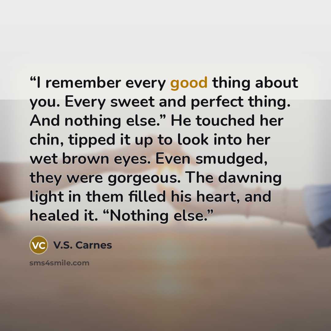 “I remember every good thing about you. Every sweet and perfect thing. And nothing else.” He touched her chin, tipped it up to look into her wet brown eyes. Even smudged, they were gorgeous. The dawning light in them filled his heart, and healed it. “Nothing else.” quote by V.S. Carnes