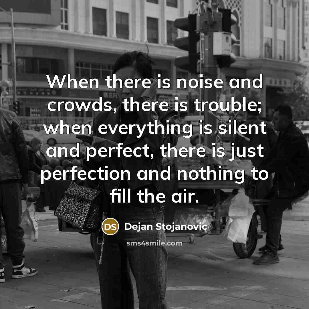 “When there is noise and crowds, there is trouble; when everything is silent and perfect, there is just perfection and nothing to fill the air.” quote by Dejan Stojanovic