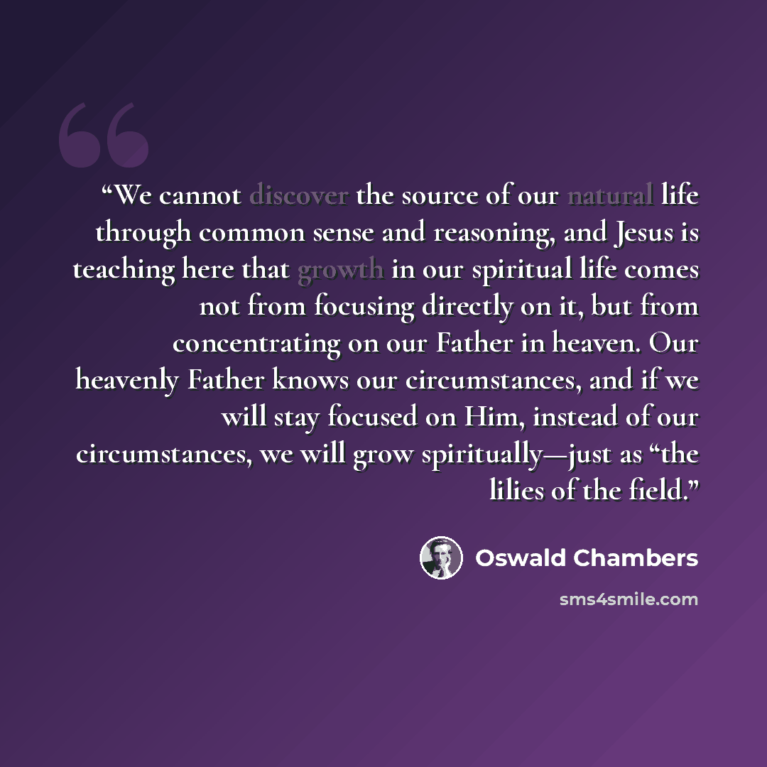 “We cannot discover the source of our natural life through common sense and reasoning, and Jesus is teaching here that growth in our spiritual life comes not from focusing directly on it, but from concentrating on our Father in heaven. Our heavenly Father knows our circumstances, and if we will…” quote by Oswald Chambers