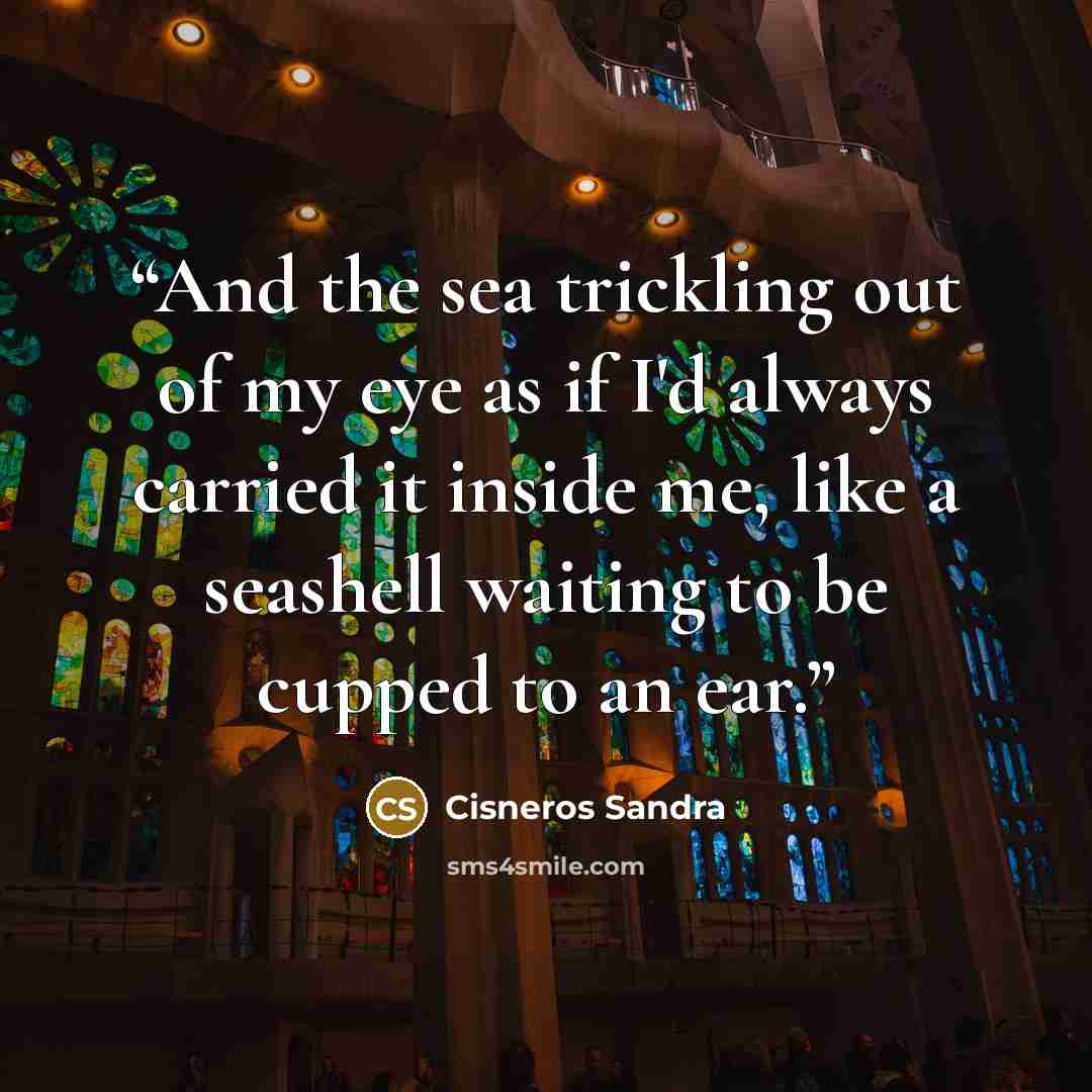 “And the sea trickling out of my eye as if I'd always carried it inside me, like a seashell waiting to be cupped to an ear.” quote by Cisneros Sandra