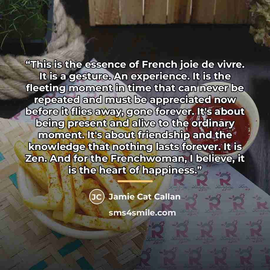 “This is the essence of French joie de vivre. It is a gesture. An experience. It is the fleeting moment in time that can never be repeated and must be appreciated now before it flies away, gone forever. It's about being present and alive to the ordinary moment. It's about friendship and the…” quote by Jamie Cat Callan