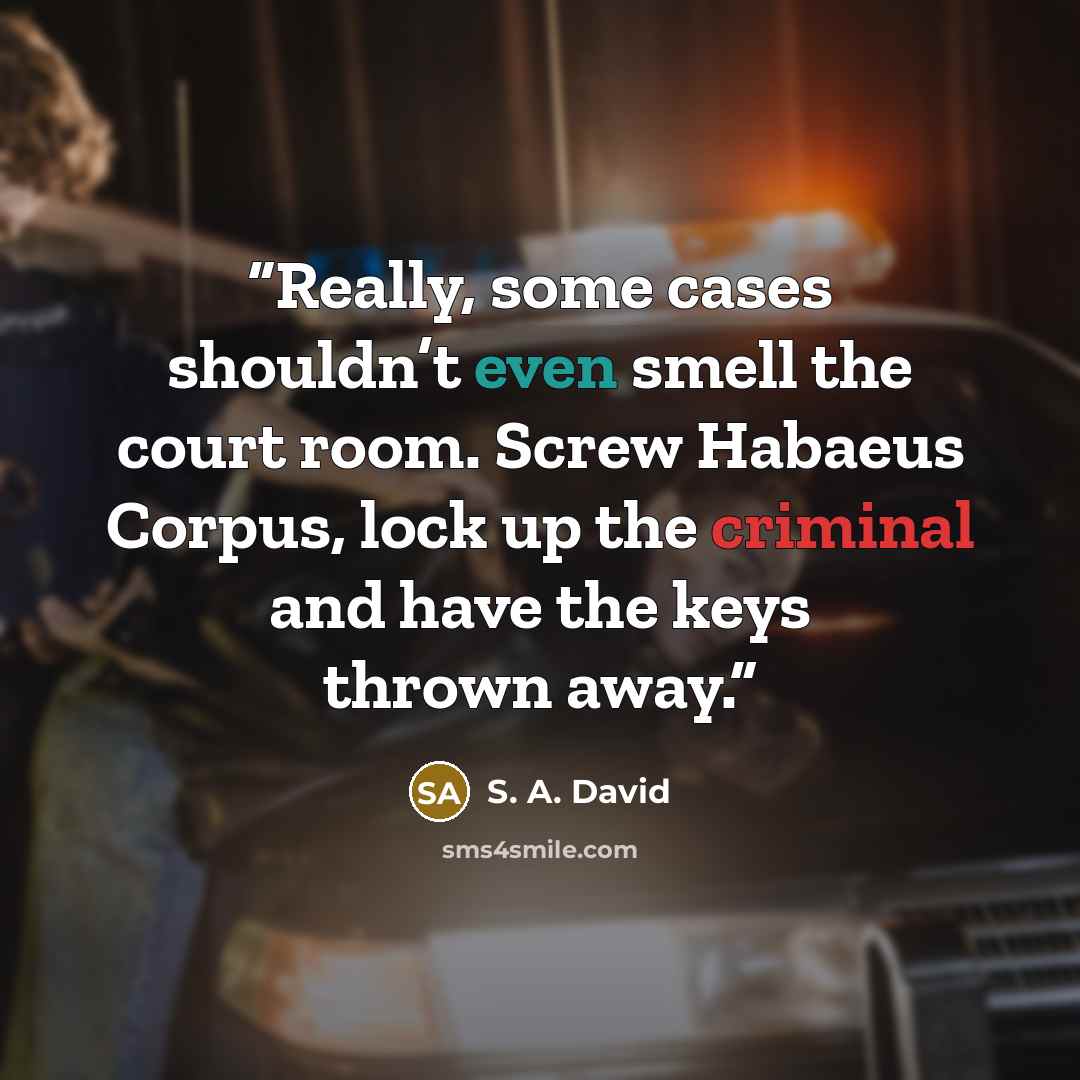 “Really, some cases shouldn’t even smell the court room. Screw Habaeus Corpus, lock up the criminal and have the keys thrown away.” quote by S. A. David