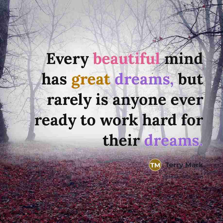 “Every beautiful mind has great dreams, but rarely is anyone ever ready to work hard for their dreams.” quote by Terry Mark