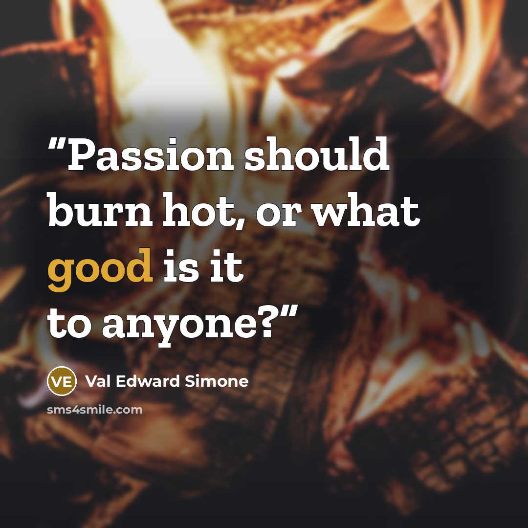 “Passion should burn hot, or what good is it to anyone?” quote by Val Edward Simone
