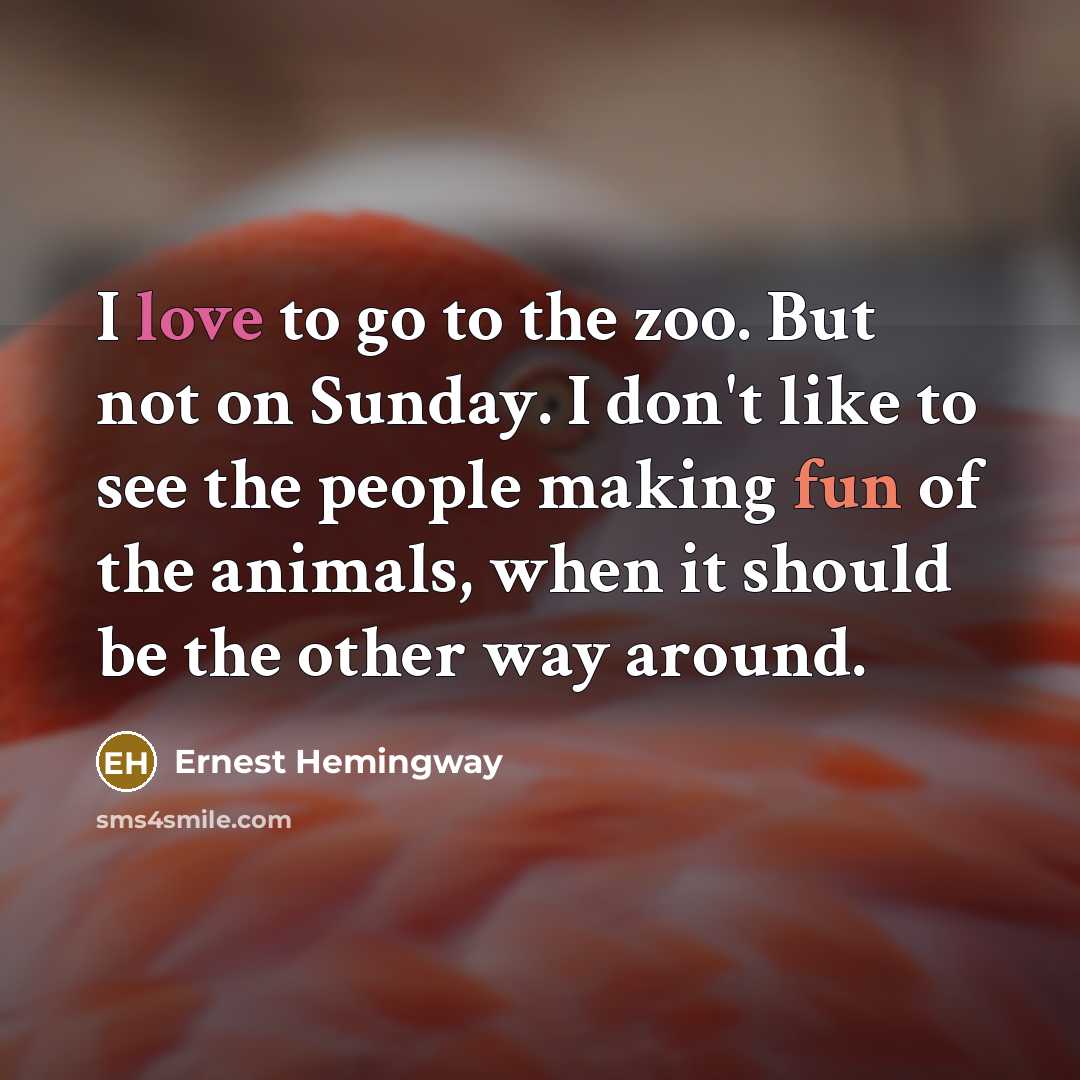 “I love to go to the zoo. But not on Sunday. I don't like to see the people making fun of the animals, when it should be the other way around.” quote by Ernest Hemingway