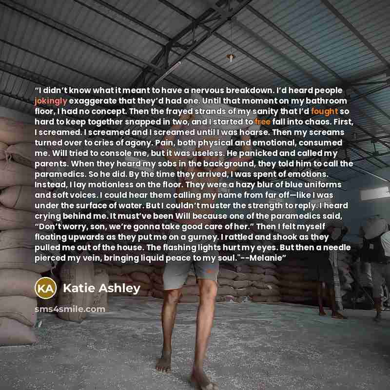 “I didn’t know what it meant to have a nervous breakdown. I’d heard people jokingly exaggerate that they’d had one. Until that moment on my bathroom floor, I had no concept. Then the frayed strands of my sanity that I’d fought so hard to keep together snapped in two, and I started to free fall into…” quote by Katie Ashley