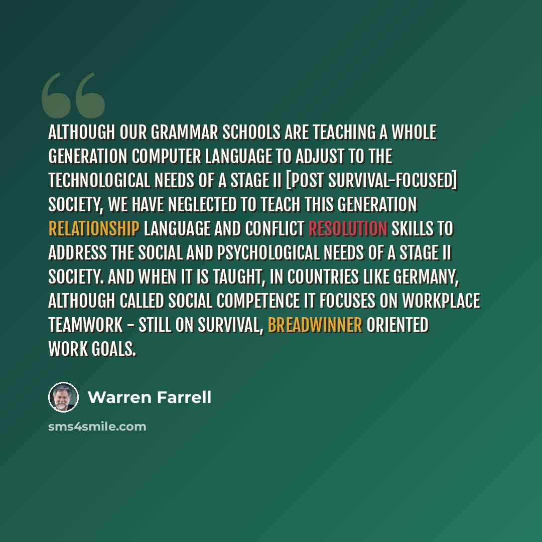 “Although our grammar schools are teaching a whole generation computer language to adjust to the technological needs of a Stage II [post survival-focused] society, we have neglected to teach this generation relationship language and conflict resolution skills to address the social and psychological…” quote by Warren Farrell