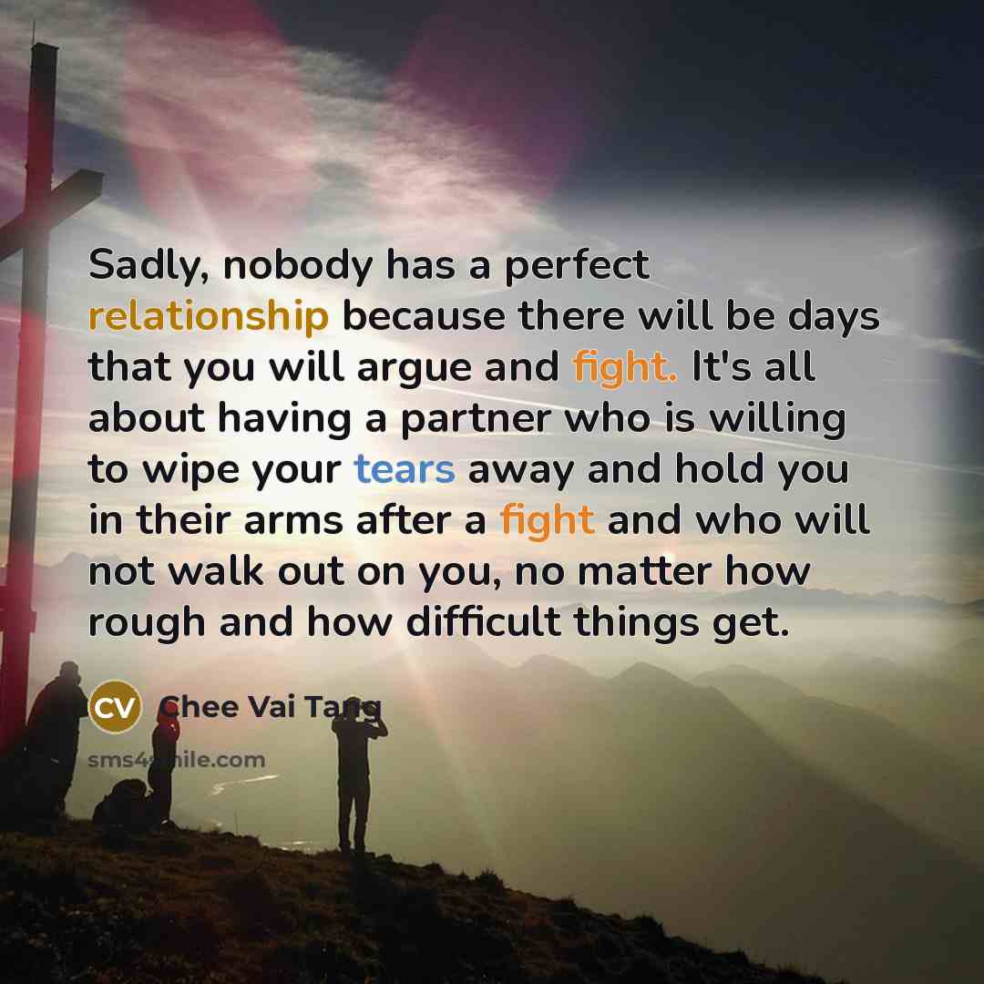 “Sadly, nobody has a perfect relationship because there will be days that you will argue and fight. It's all about having a partner who is willing to wipe your tears away and hold you in their arms after a fight and who will not walk out on you, no matter how rough and how difficult things get.” quote by Chee Vai Tang