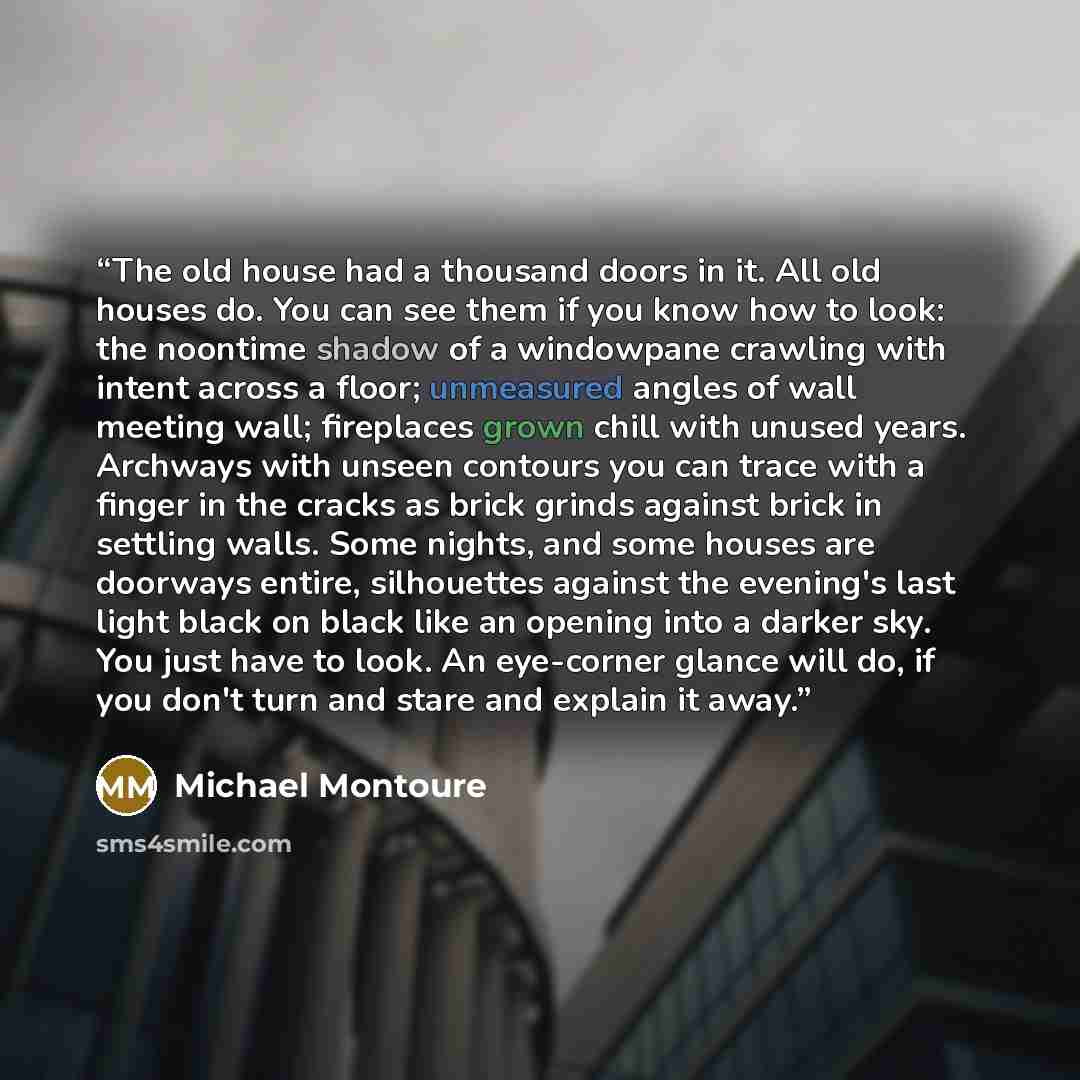 “The old house had a thousand doors in it. All old houses do. You can see them if you know how to look: the noontime shadow of a windowpane crawling with intent across a floor; unmeasured angles of wall meeting wall; fireplaces grown chill with unused years. Archways with unseen contours you can…” quote by Michael Montoure