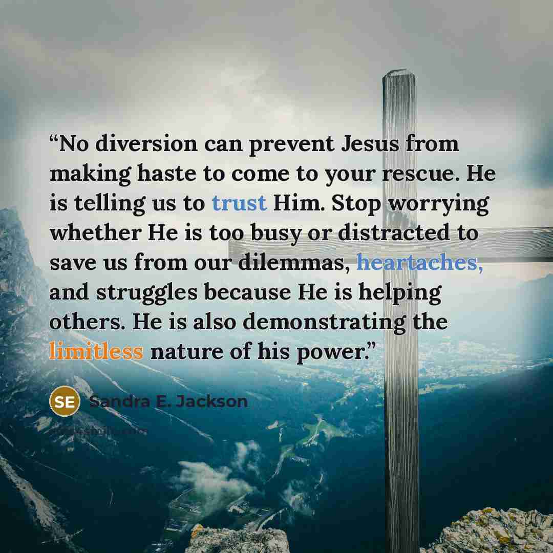 “No diversion can prevent Jesus from making haste to come to your rescue. He is telling us to trust Him. Stop worrying whether He is too busy or distracted to save us from our dilemmas, heartaches, and struggles because He is helping others. He is also demonstrating the limitless nature of his power.” quote by Sandra E. Jackson