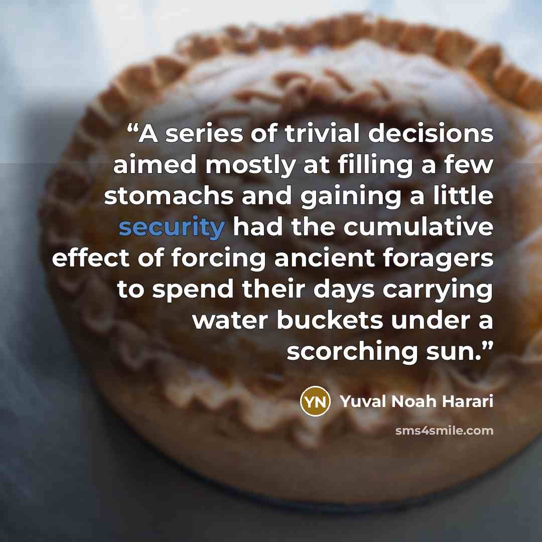 “A series of trivial decisions aimed mostly at filling a few stomachs and gaining a little security had the cumulative effect of forcing ancient foragers to spend their days carrying water buckets under a scorching sun.” quote by Yuval Noah Harari