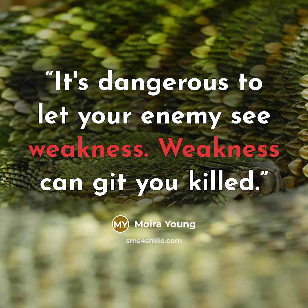 “It's dangerous to let your enemy see weakness. Weakness can git you killed.” quote by Moira Young