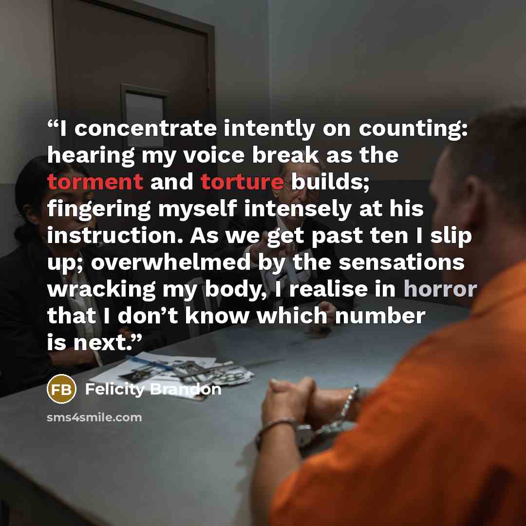 “I concentrate intently on counting: hearing my voice break as the torment and torture builds; fingering myself intensely at his instruction. As we get past ten I slip up; overwhelmed by the sensations wracking my body, I realise in horror that I don’t know which number is next.” quote by Felicity Brandon
