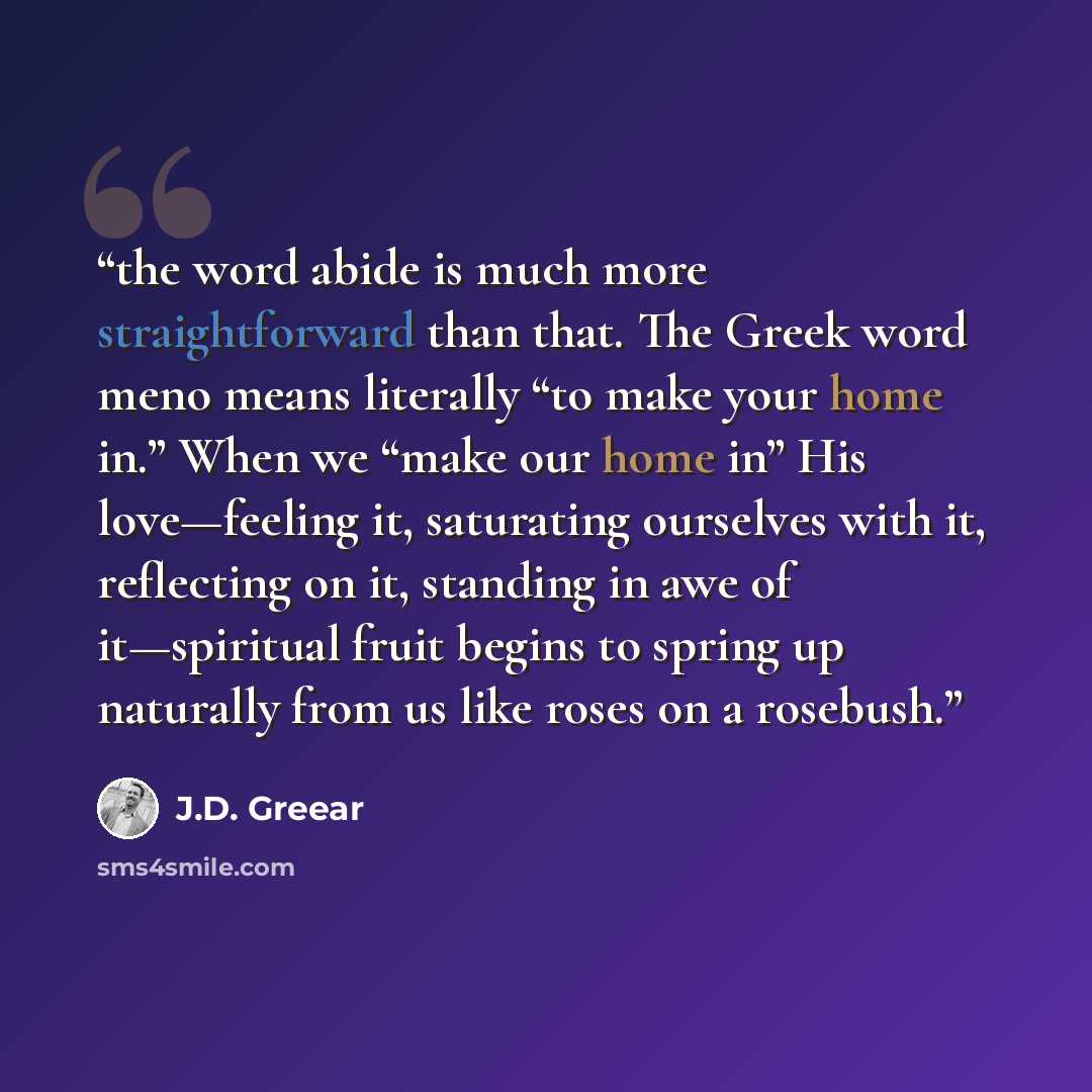 “the word abide is much more straightforward than that. The Greek word meno means literally “to make your home in.” When we “make our home in” His love—feeling it, saturating ourselves with it, reflecting on it, standing in awe of it—spiritual fruit begins to spring up naturally from us like roses…” quote by J.D. Greear