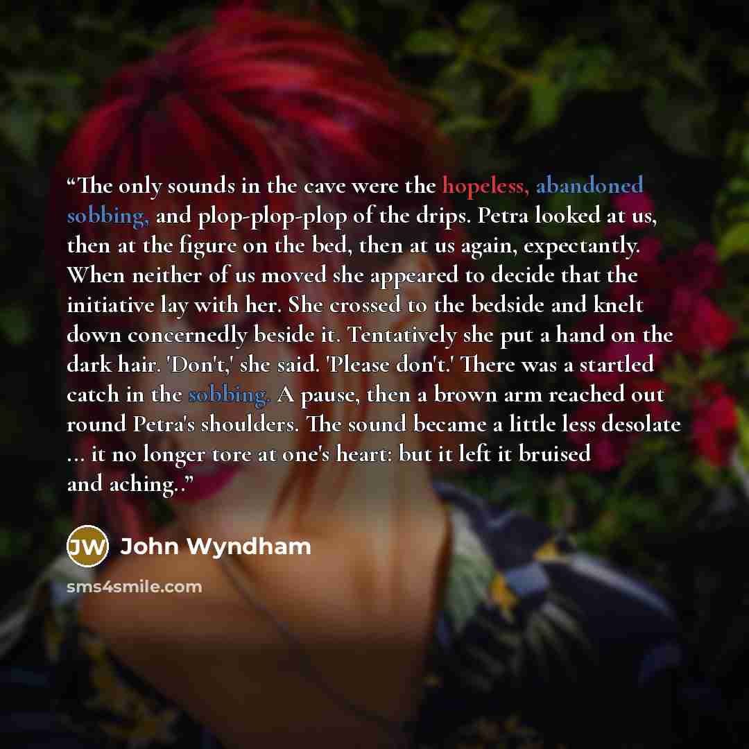 “The only sounds in the cave were the hopeless, abandoned sobbing, and plop-plop-plop of the drips. Petra looked at us, then at the figure on the bed, then at us again, expectantly. When neither of us moved she appeared to decide that the initiative lay with her. She crossed to the bedside and…” quote by John Wyndham