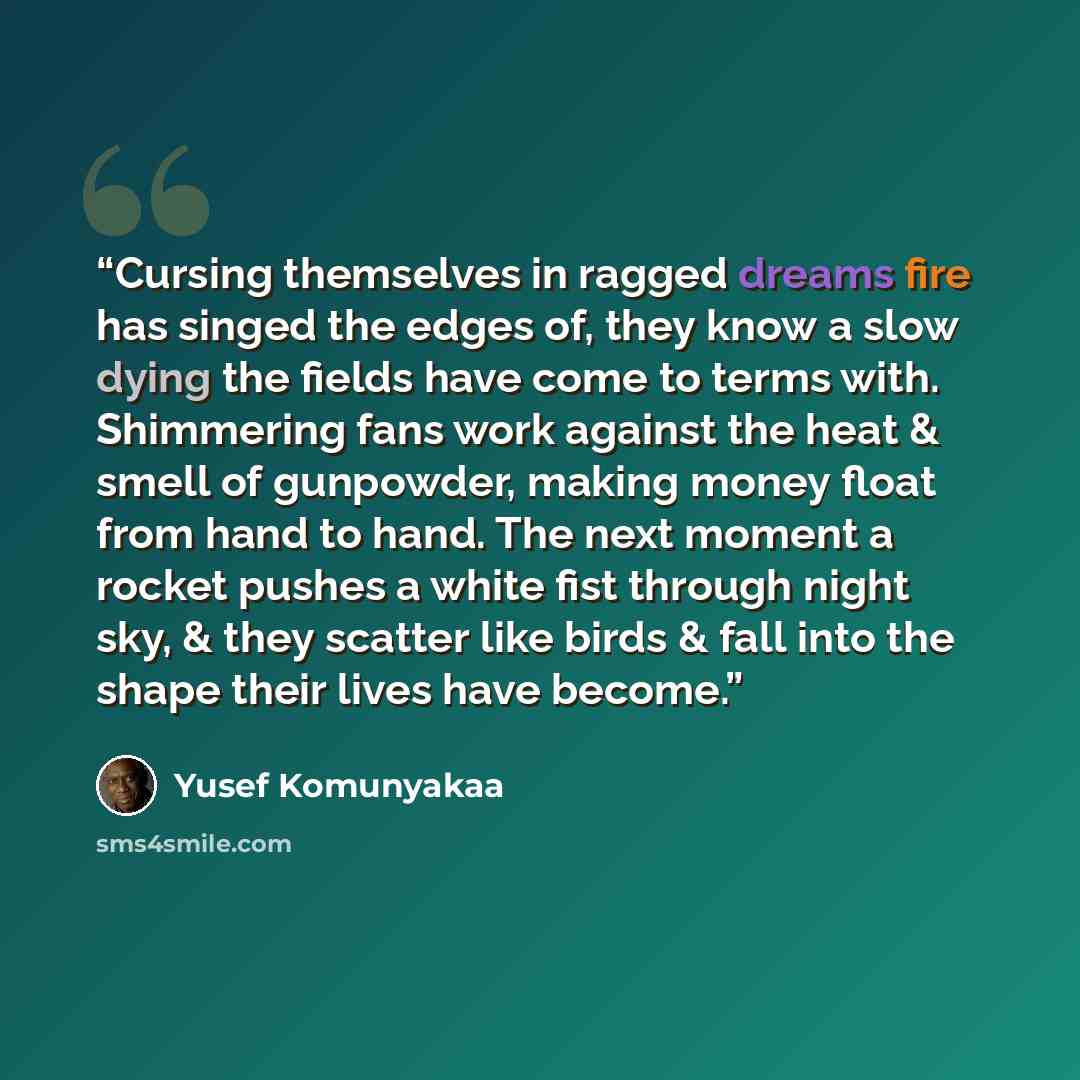 “Cursing themselves in ragged dreams fire has singed the edges of, they know a slow dying the fields have come to terms with. Shimmering fans work against the heat & smell of gunpowder, making money float from hand to hand. The next moment a rocket pushes a white fist through night sky, & they…” quote by Yusef Komunyakaa