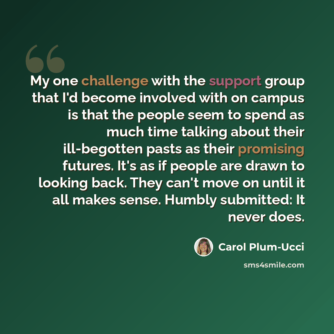 “My one challenge with the support group that I'd become involved with on campus is that the people seem to spend as much time talking about their ill-begotten pasts as their promising futures. It's as if people are drawn to looking back. They can't move on until it all makes sense. Humbly…” quote by Carol Plum-Ucci