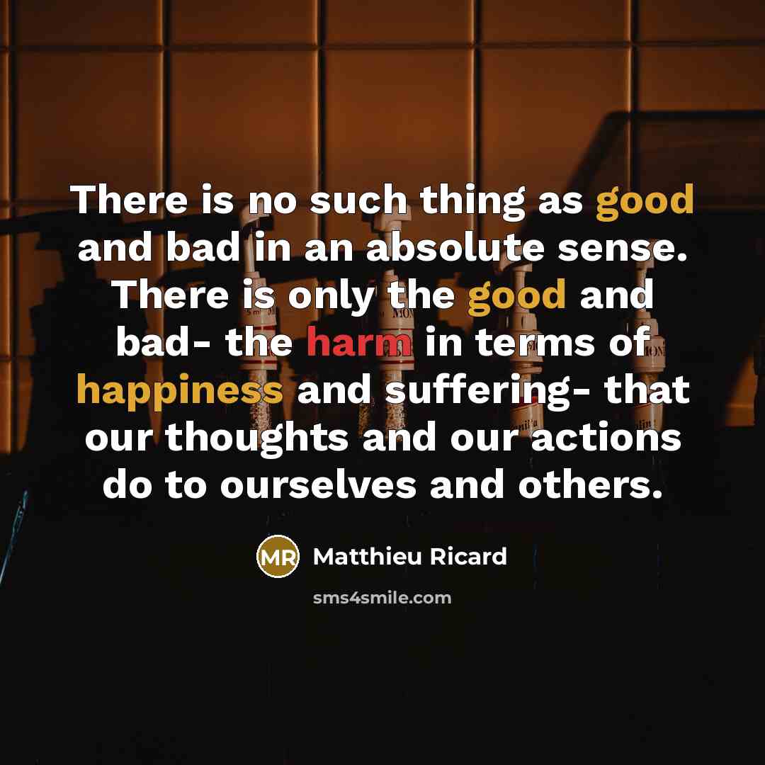 “There is no such thing as good and bad in an absolute sense. There is only the good and bad- the harm in terms of happiness and suffering- that our thoughts and our actions do to ourselves and others.” quote by Matthieu Ricard