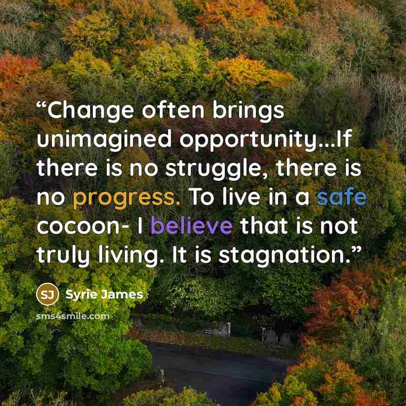 “Change often brings unimagined opportunity...If there is no struggle, there is no progress. To live in a safe cocoon- I believe that is not truly living. It is stagnation.” quote by Syrie James