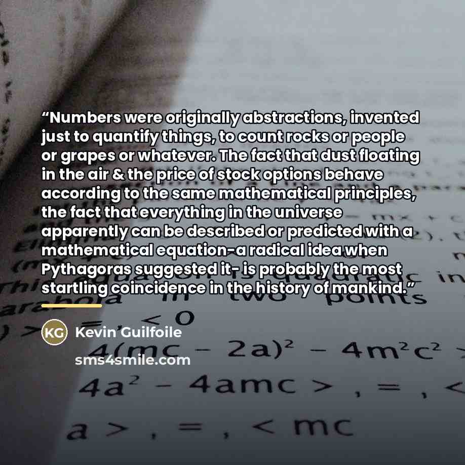 “Numbers were originally abstractions, invented just to quantify things, to count rocks or people or grapes or whatever. The fact that dust floating in the air & the price of stock options behave according to the same mathematical principles, the fact that everything in the universe apparently can…” quote by Kevin Guilfoile