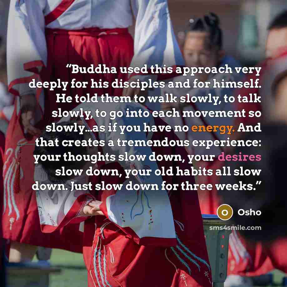 “Buddha used this approach very deeply for his disciples and for himself. He told them to walk slowly, to talk slowly, to go into each movement so slowly…as if you have no energy. And that creates a tremendous experience: your thoughts slow down, your desires slow down, your old habits all slow…” quote by Osho