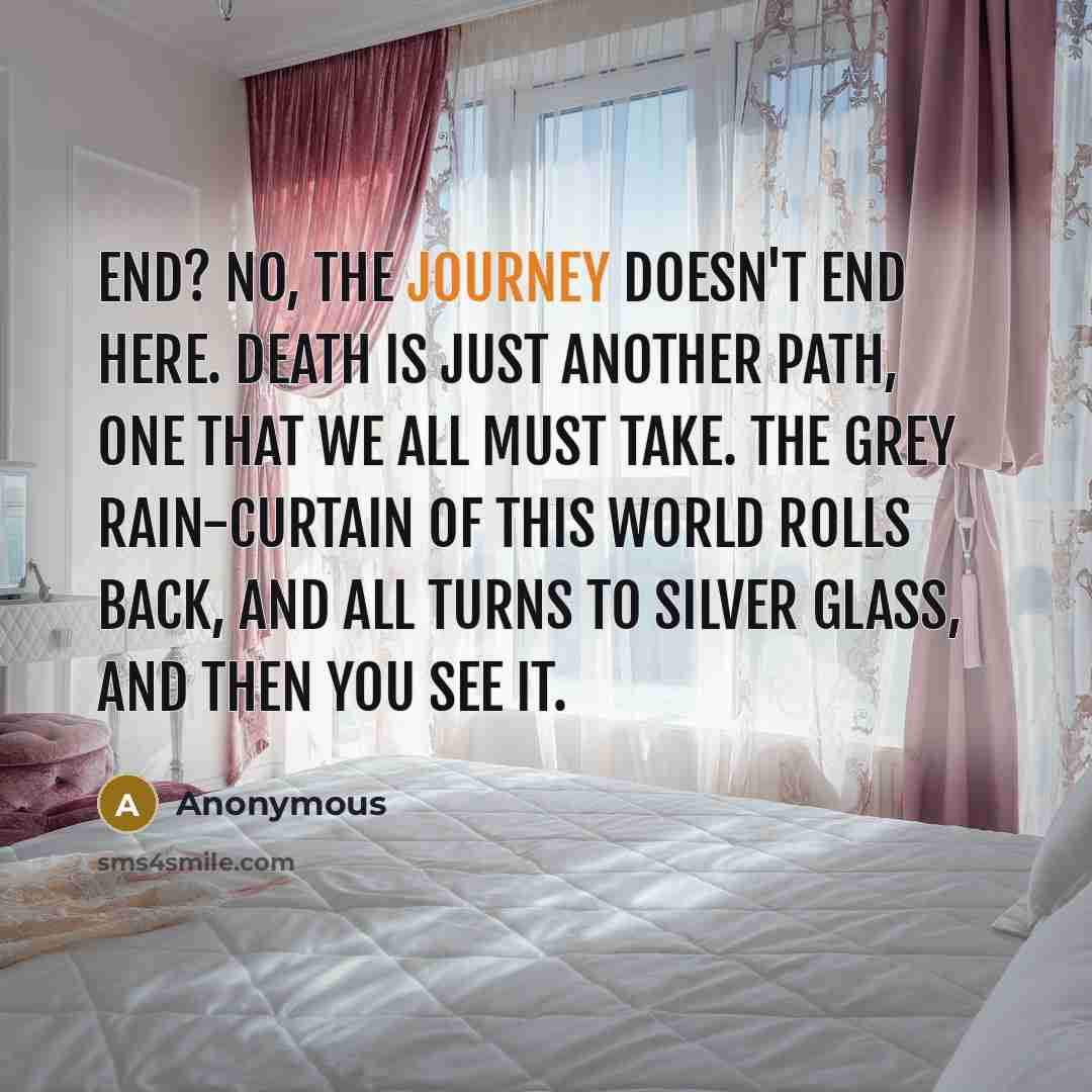 “End? No, the journey doesn't end here. Death is just another path, one that we all must take. The grey rain-curtain of this world rolls back, and all turns to silver glass, and then you see it.” quote by Anonymous