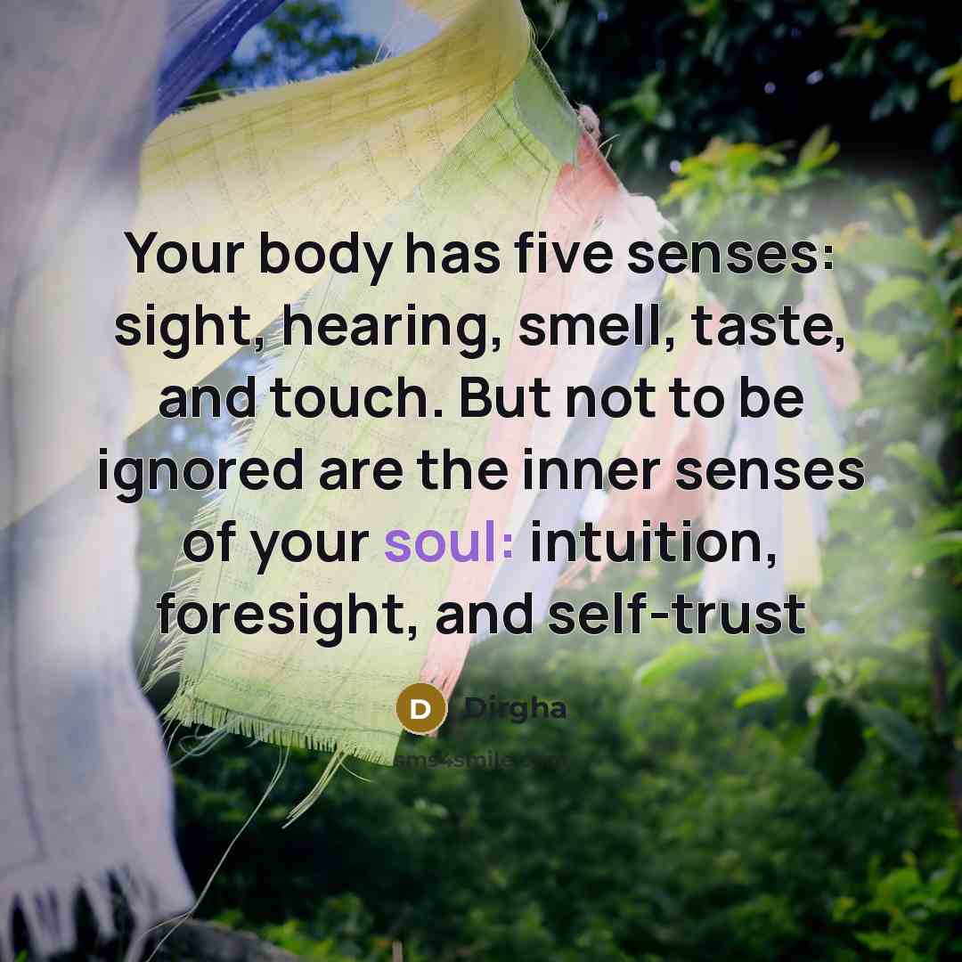 “Your body has five senses: sight, hearing, smell, taste, and touch. But not to be ignored are the inner senses of your soul: intuition, foresight, and self-trust” quote by Dirgha