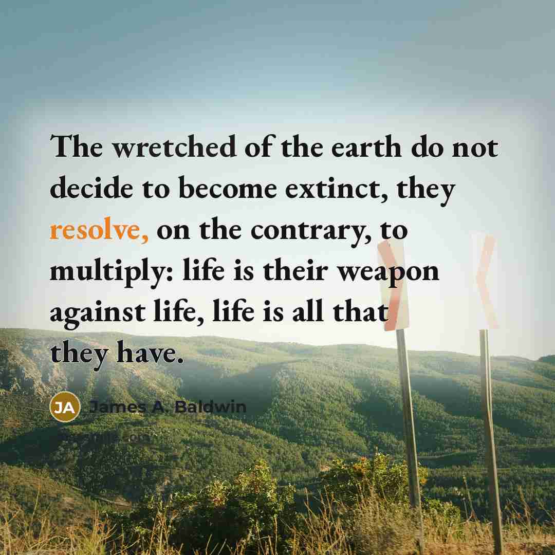 “The wretched of the earth do not decide to become extinct, they resolve, on the contrary, to multiply: life is their weapon against life, life is all that they have.” quote by James A. Baldwin