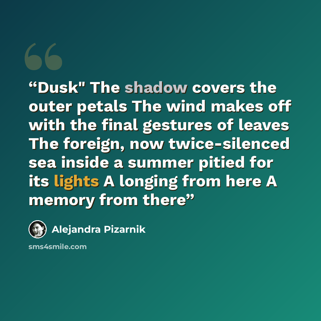 “Dusk" The shadow covers the outer petals The wind makes off with the final gestures of leaves The foreign, now twice-silenced sea inside a summer pitied for its lights A longing from here A memory from there” quote by Alejandra Pizarnik