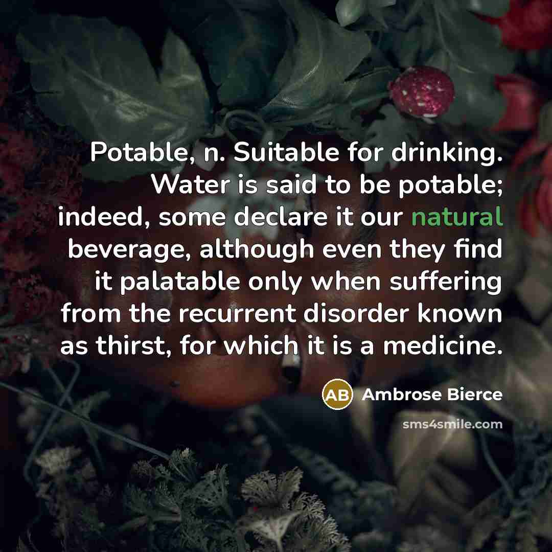 “Potable, n. Suitable for drinking. Water is said to be potable; indeed, some declare it our natural beverage, although even they find it palatable only when suffering from the recurrent disorder known as thirst, for which it is a medicine.” quote by Ambrose Bierce