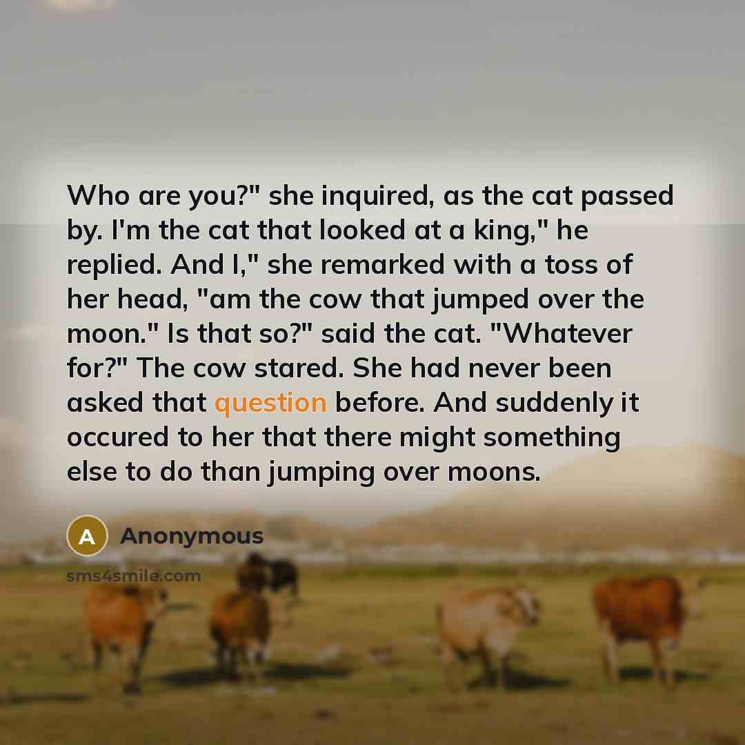 “Who are you?" she inquired, as the cat passed by. I'm the cat that looked at a king," he replied. And I," she remarked with a toss of her head, "am the cow that jumped over the moon." Is that so?" said the cat. "Whatever for?" The cow stared. She had never been asked that question before. And…” quote by Anonymous