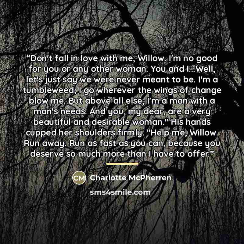 “Don't fall in love with me, Willow. I'm no good for you or any other woman. You and I...Well, let's just say we were never meant to be. I'm a tumbleweed; I go wherever the wings of change blow me. But above all else, I'm a man with a man's needs. And you, my dear, are a very beautiful and…” quote by Charlotte McPherren