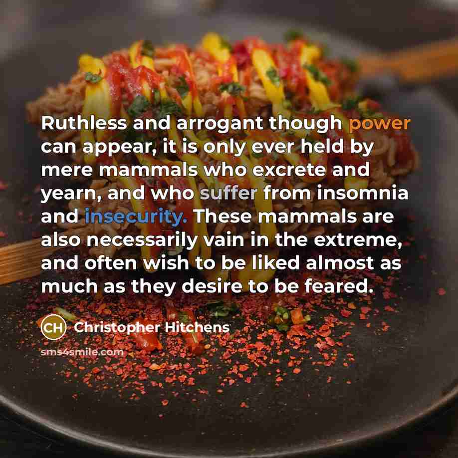 “Ruthless and arrogant though power can appear, it is only ever held by mere mammals who excrete and yearn, and who suffer from insomnia and insecurity. These mammals are also necessarily vain in the ­extreme, and often wish to be liked almost as much as they desire to be feared.” quote by Christopher Hitchens