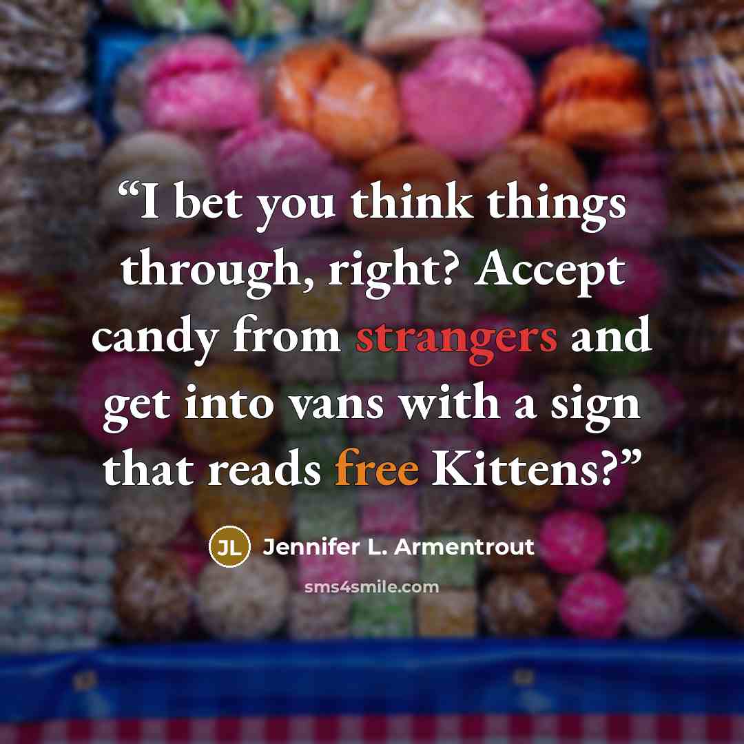 “I bet you think things through, right? Accept candy from strangers and get into vans with a sign that reads free Kittens?” quote by Jennifer L. Armentrout