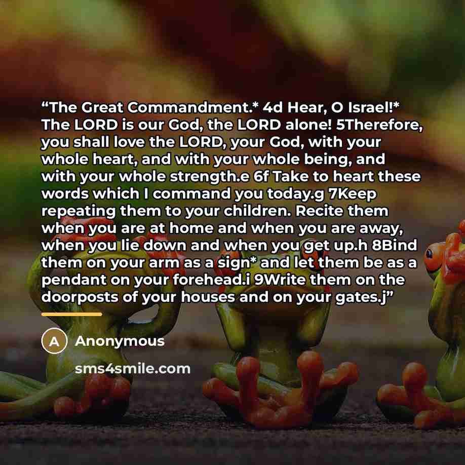 “The Great Commandment.* 4d Hear, O Israel!* The LORD is our God, the LORD alone! 5Therefore, you shall love the LORD, your God, with your whole heart, and with your whole being, and with your whole strength.e 6f Take to heart these words which I command you today.g 7Keep repeating them to your…” quote by Anonymous