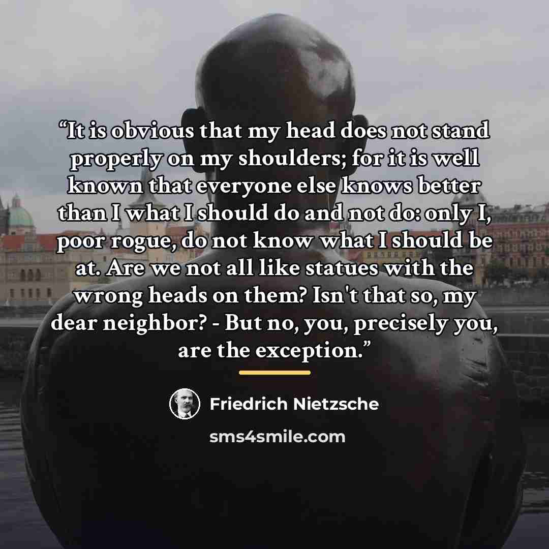 “It is obvious that my head does not stand properly on my shoulders; for it is well known that everyone else knows better than I what I should do and not do: only I, poor rogue, do not know what I should be at. Are we not all like statues with the wrong heads on them? Isn't that so, my dear…” quote by Friedrich Nietzsche