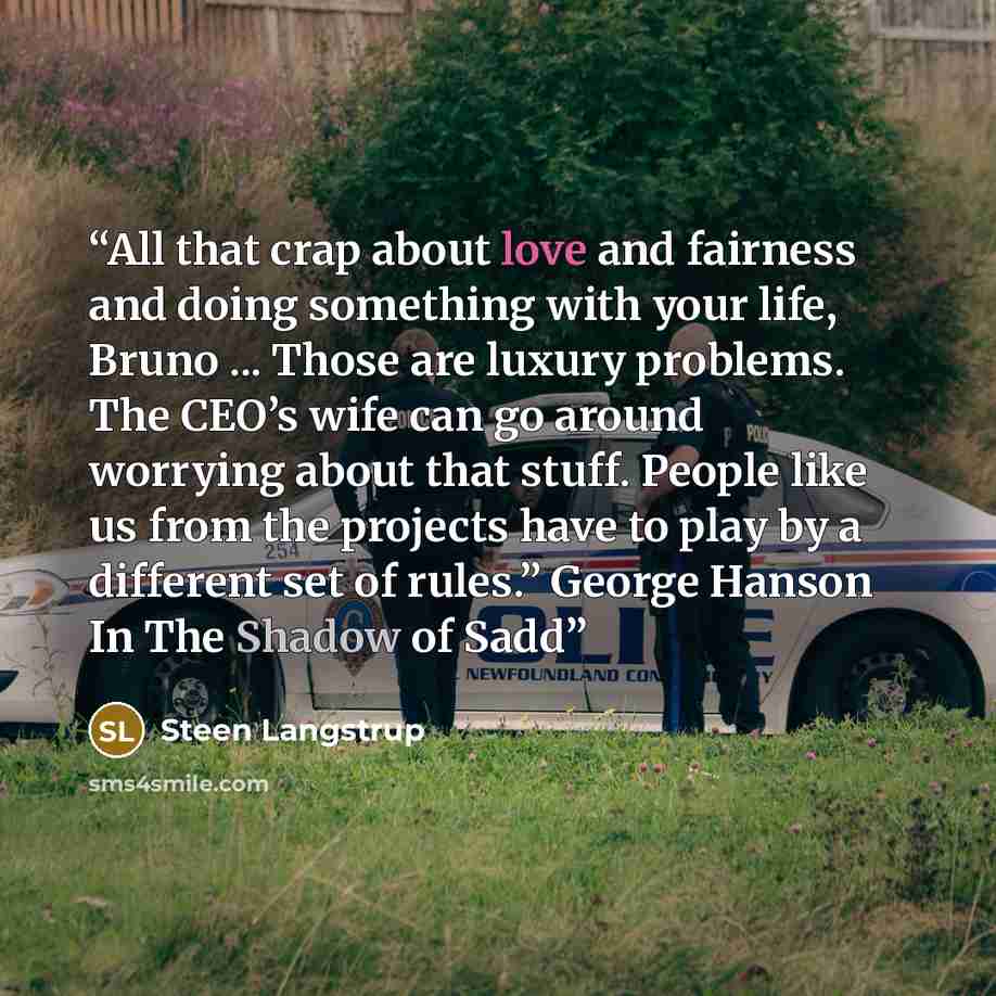 “All that crap about love and fairness and doing something with your life, Bruno ... Those are luxury problems. The CEO’s wife can go around worrying about that stuff. People like us from the projects have to play by a different set of rules.” George Hanson In The Shadow of Sadd” quote by Steen Langstrup