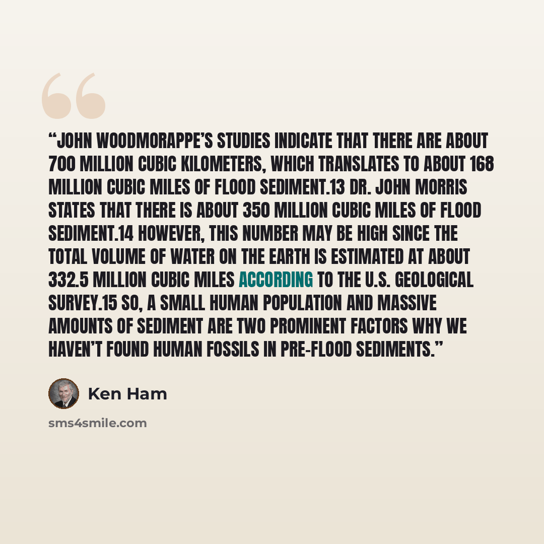 “John Woodmorappe’s studies indicate that there are about 700 million cubic kilometers, which translates to about 168 million cubic miles of Flood sediment.13 Dr. John Morris states that there is about 350 million cubic miles of Flood sediment.14 However, this number may be high since the total…” quote by Ken Ham