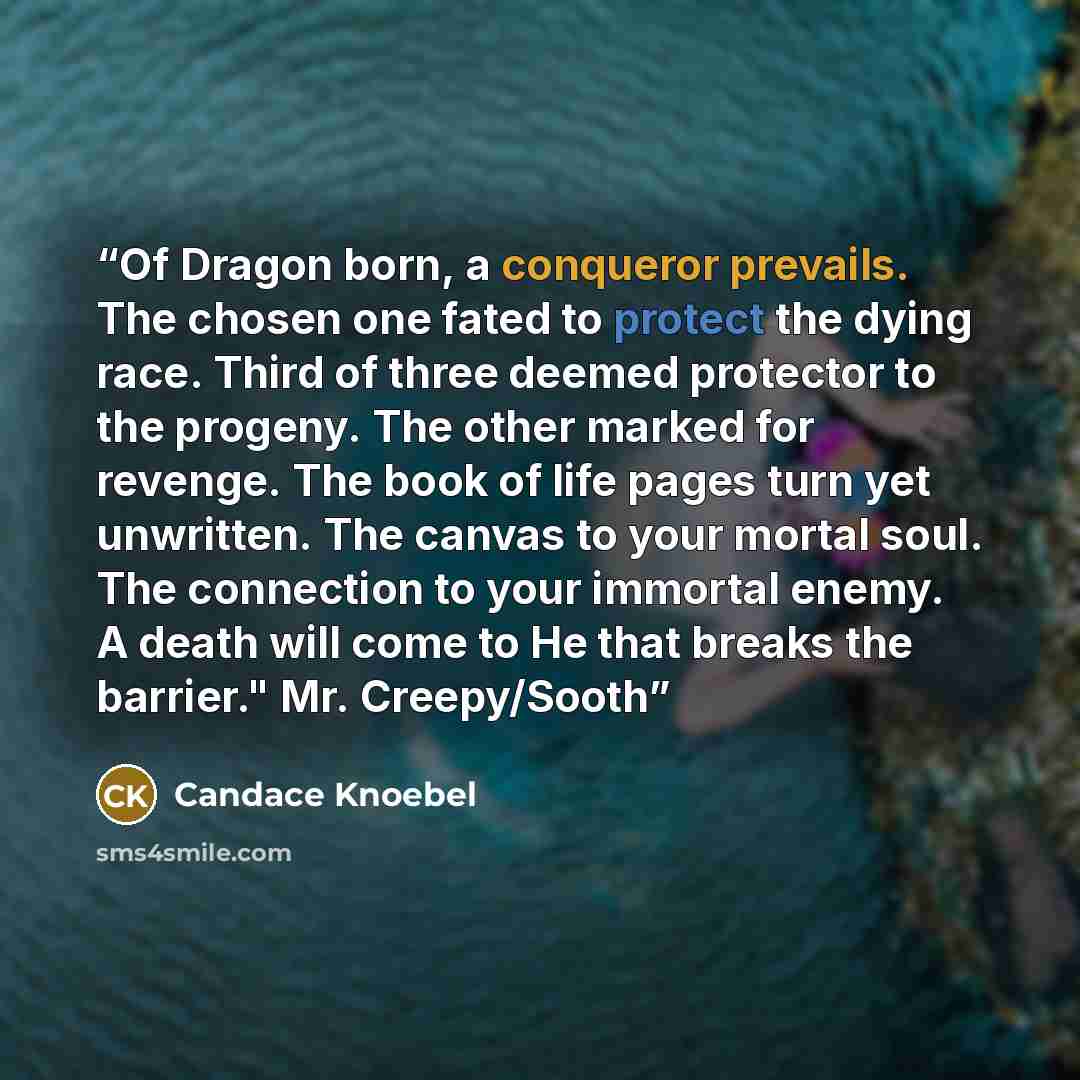“Of Dragon born, a conqueror prevails. The chosen one fated to protect the dying race. Third of three deemed protector to the progeny. The other marked for revenge. The book of life pages turn yet unwritten. The canvas to your mortal soul. The connection to your immortal enemy. A death will come to…” quote by Candace Knoebel
