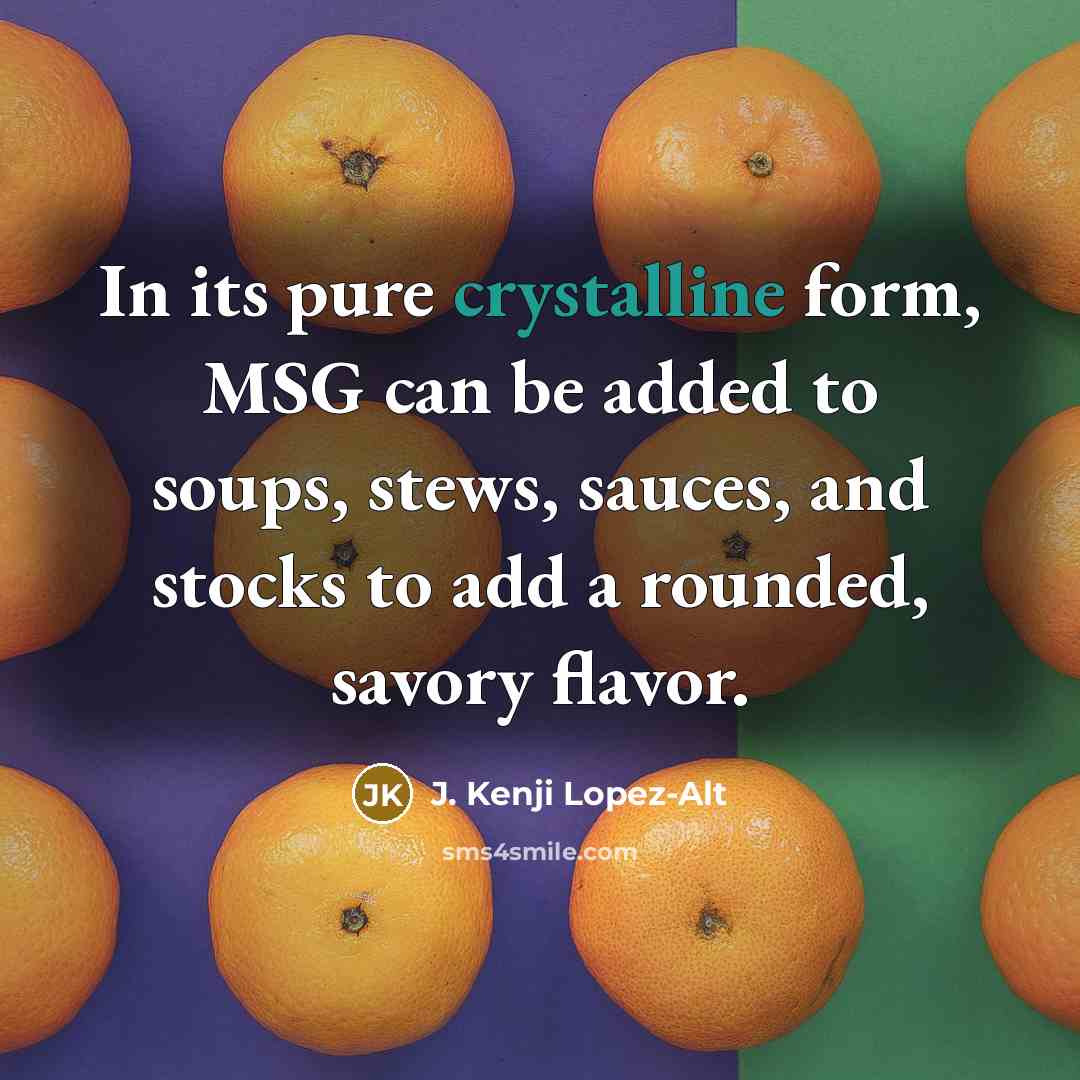 “In its pure crystalline form, MSG can be added to soups, stews, sauces, and stocks to add a rounded, savory flavor.” quote by J. Kenji Lopez-Alt